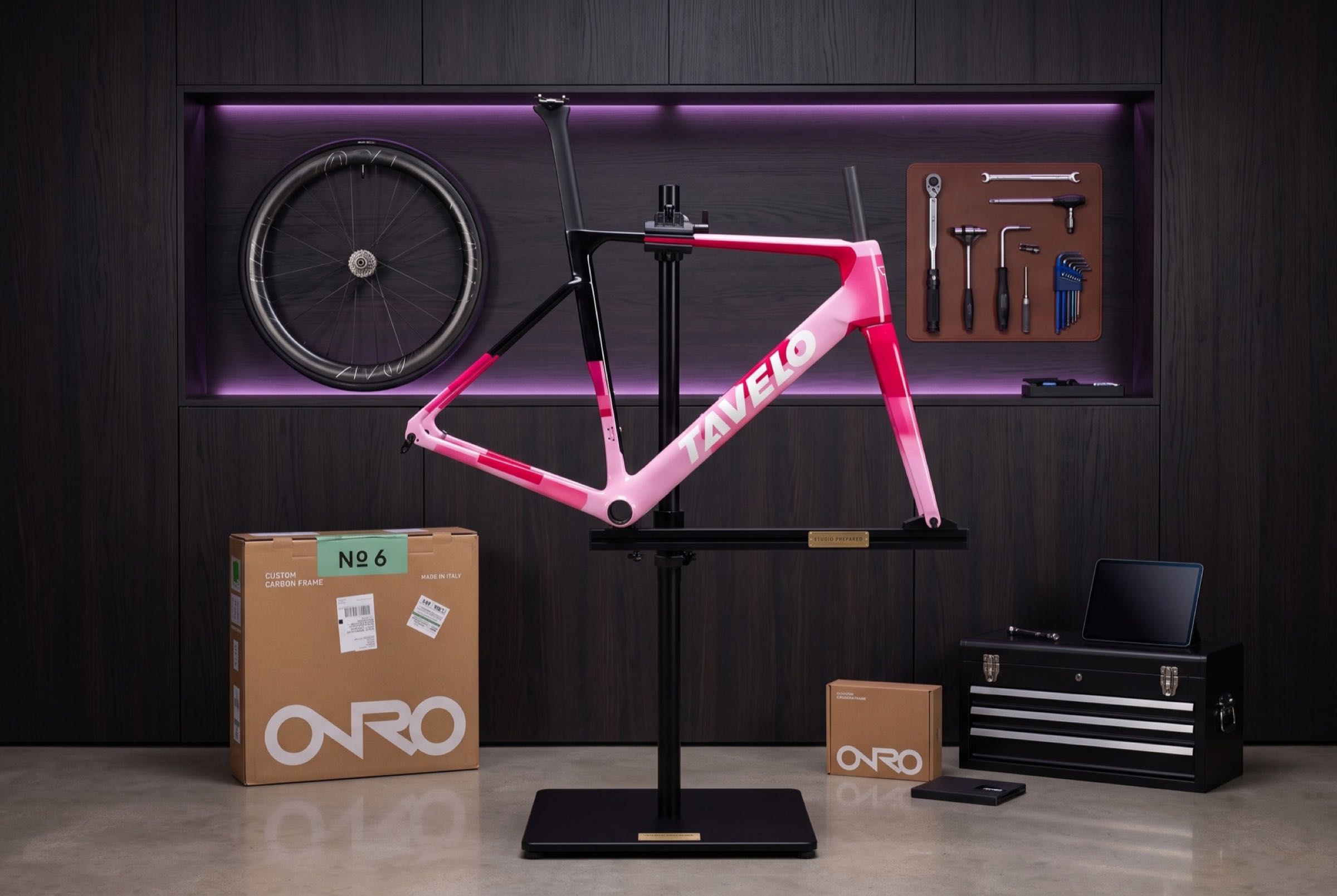 Tavelo carbon frameset on a workstand